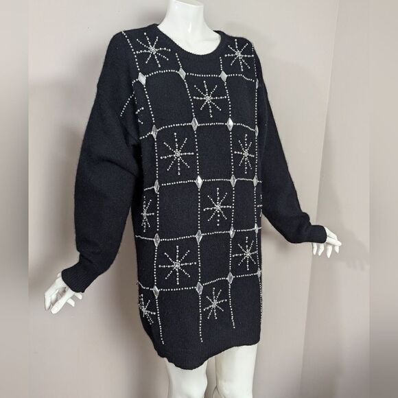 Vintage angora lambswool dress long sweater, beaded snowflake holiday sweater - Picture 1 of 7